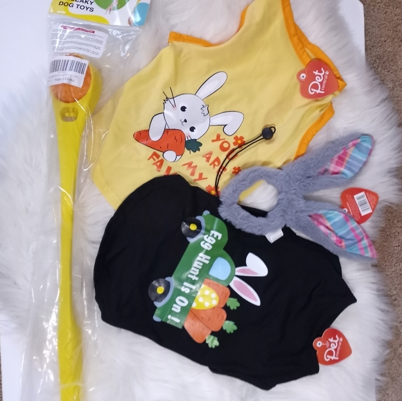 3 Pcs Easter Bunny Dog/Cat Outfit Includes FREE Dental Squeaky Fetch Anxiety Toy - Picture 4 of 11